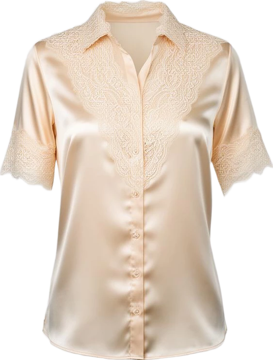 top: Lumen Studio Satin Lace Trim Shirt