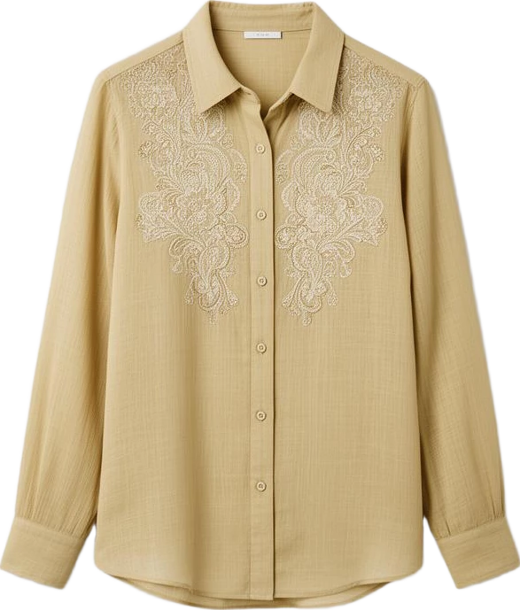 top: Lumen Studio Embroidered Gauze Button-Up Shirt