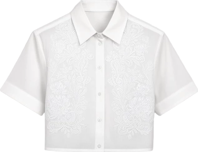 top: Mira & Stone Embroidered Cropped Shirt