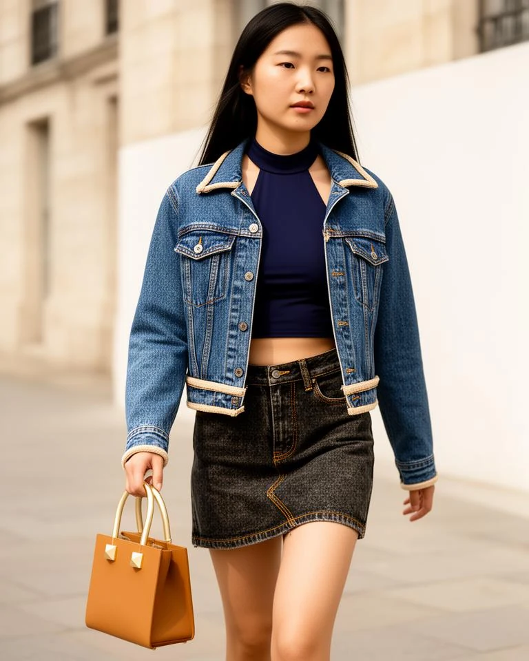 A worn look built entirely from the catalog &mdash; AI model image, real catalog garments