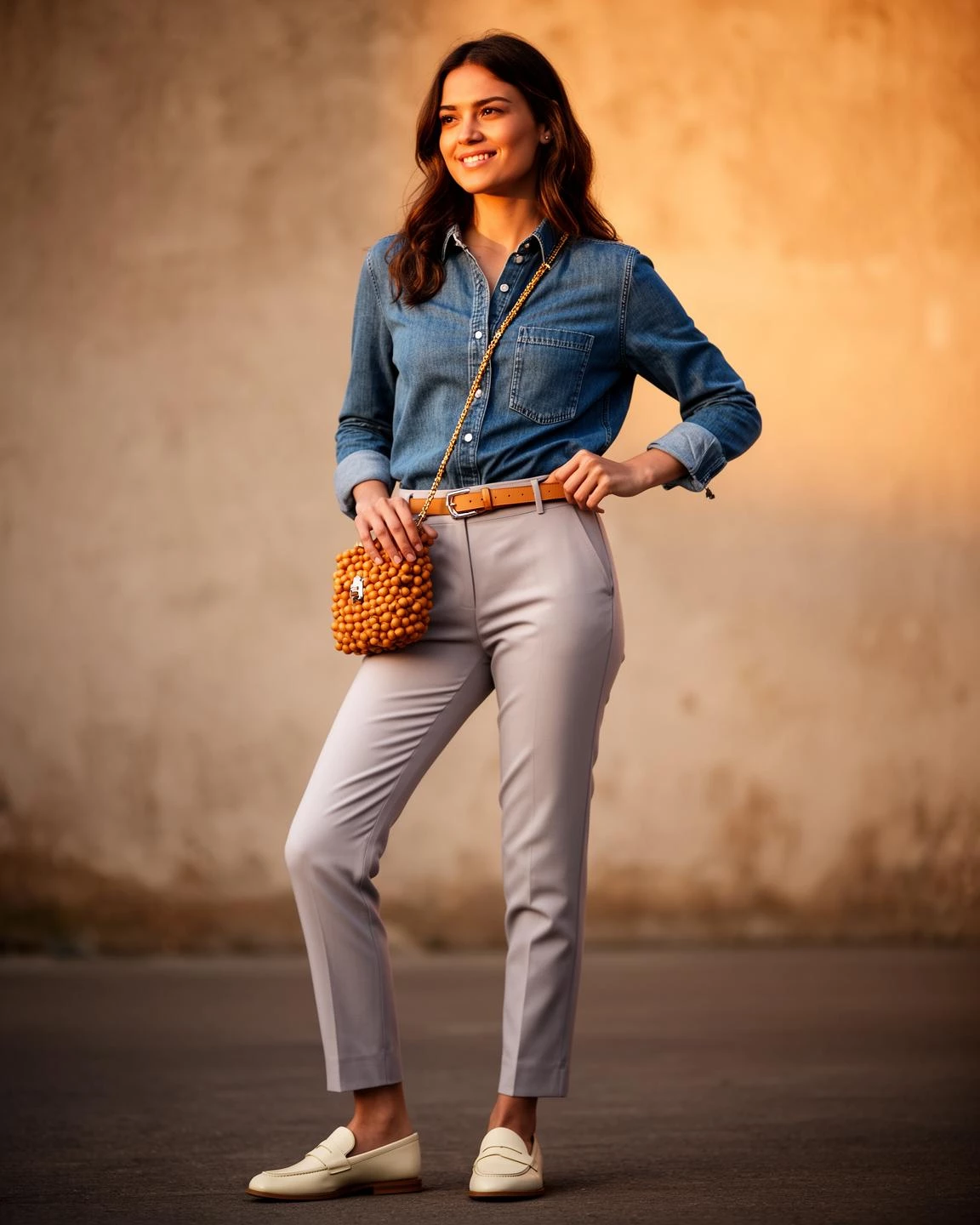 A look from our own demo catalog, worn: a washed denim button-up shirt, pale grey tailored tuxedo-style trousers, a tan leather belt, a caramel beaded crossbody bag and cream leather loafers — every garment a real product in that catalog. The model image is AI-generated.