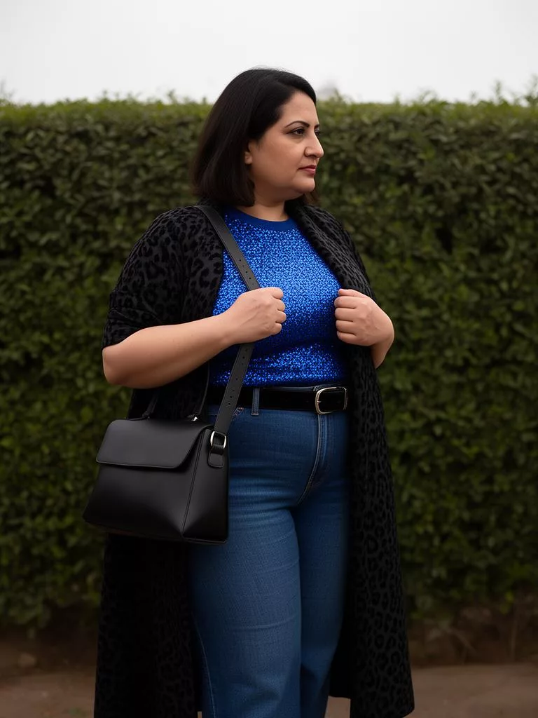 An AI-rendered look, worn: Sequin Short Sleeve Knit Top. Every garment is a real catalog product.