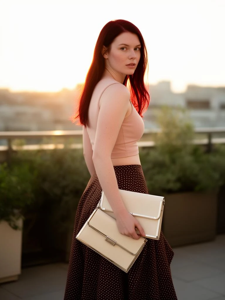 An AI-rendered look, worn: Asymmetrical Polka Dot Midi Skirt. Every garment is a real catalog product.