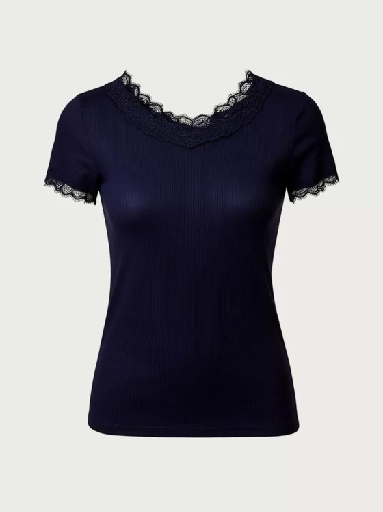 Mira & Stone Ribbed Lace Trim Top