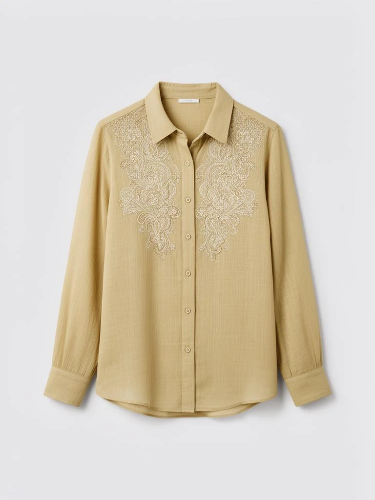 Embroidered Gauze Button-Up Shirt
